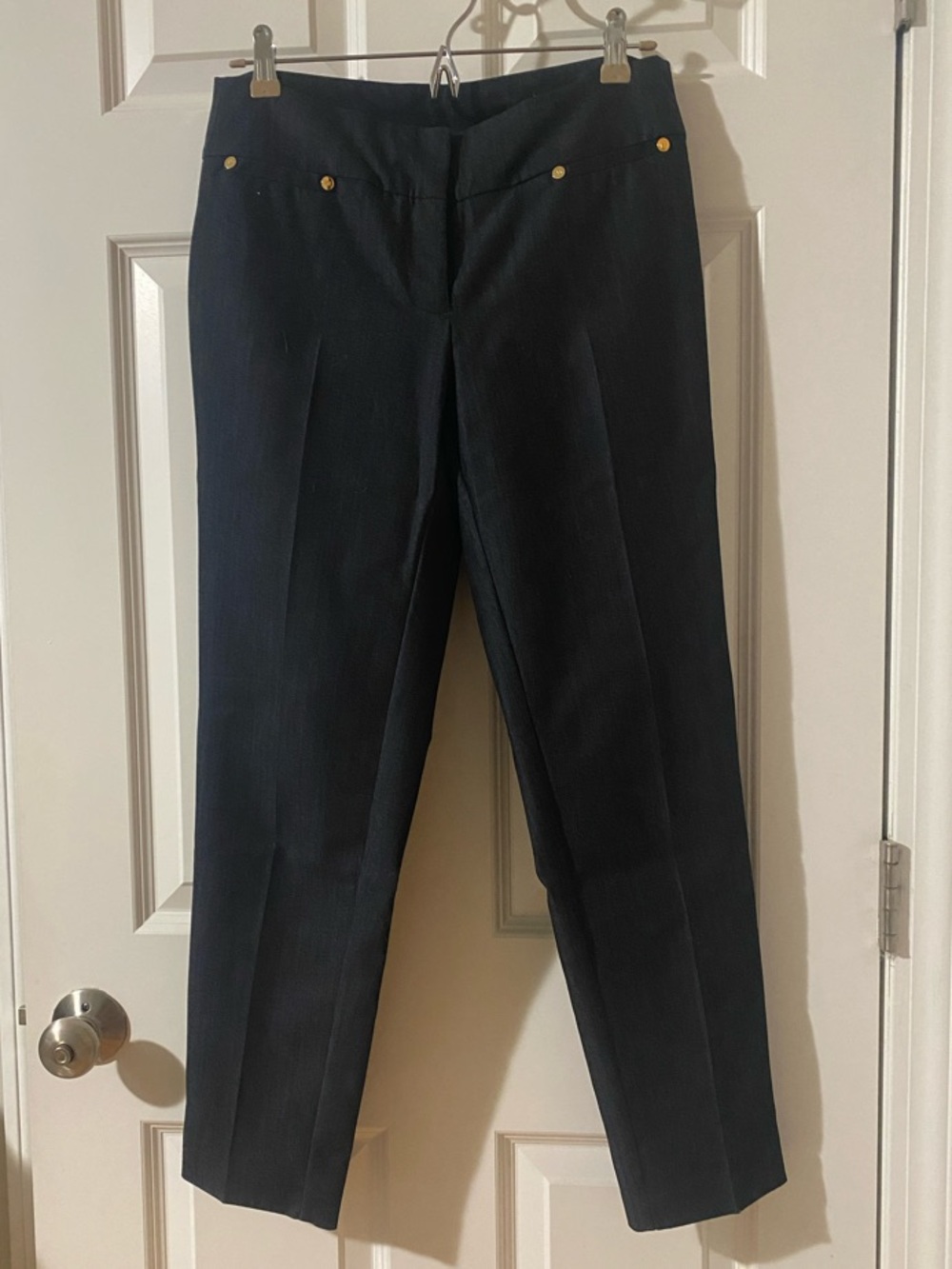 Classy Anne Klein Navy Blue Straight-Leg Dress Pants with Gold Accents